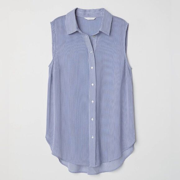 H&M Sleeveless Blouse Preppy Stripe Navy White Button Down Academia - Picture 1 of 7